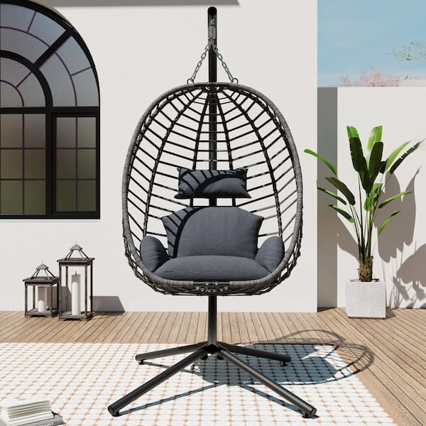 1-Person Wicker Patio Swing Egg Chair with Stand and Cushion