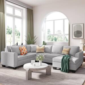 110 in. W 3-piece Polyester Sectional Sofa Modern English Arm Classic U-shaped Sofa 3 Pillows Included in Light Gray