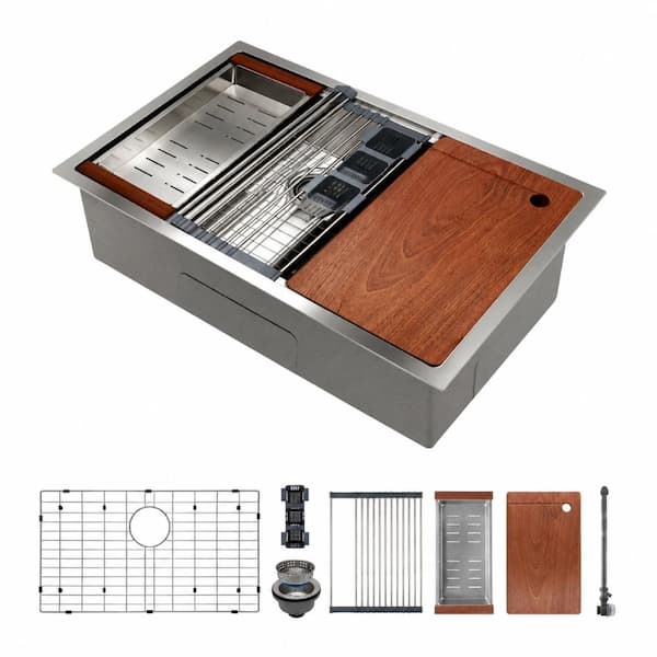 30 in. Undermount Single Bowl 11-Gauge Stainless Steel Workstation Sink with Single-Track Rail and Accessory Set