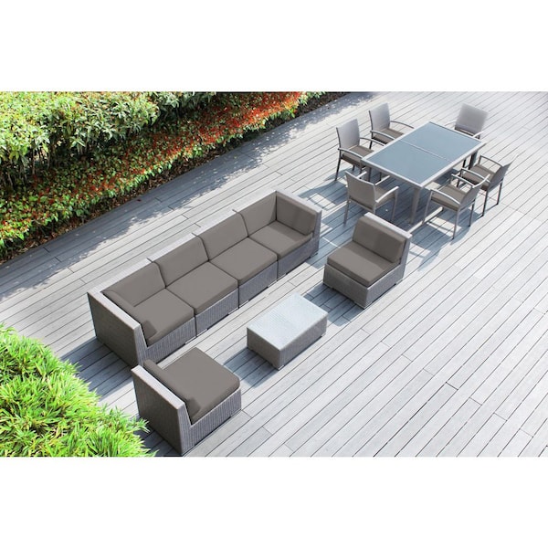 Ohana Depot Ohana Gray 14-Piece Wicker Patio Conversation Set with Stackable Dining Chairs and Sunbrella Taupe Cushions