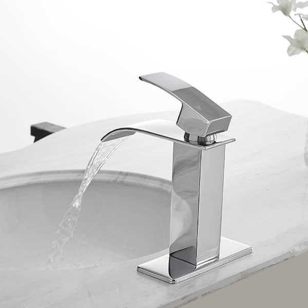 Single-Handle Low-Arc Single Hole Bathroom Faucet with in Chrome Waterfall Pop-up Drain Assembly Polished