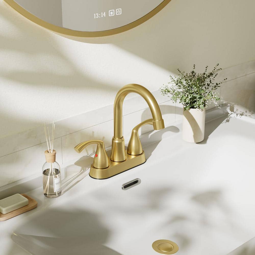Brushed Gold Double Handle High Arc Bathroom Faucet with Drain Kit