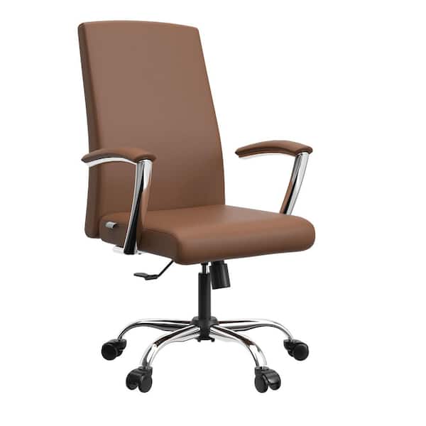 Leisuremod Evander Modern Swivel Office Chair in Faux Leather with Adjustable Height and Silver Frame, Dark Brown