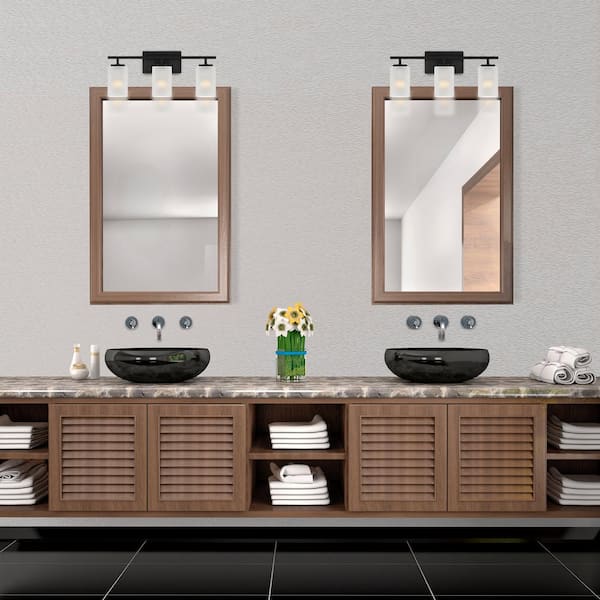 Cedar Lane 22 in. 3-Light Matte Black Modern Vanity Light with Clear and Etched Glass Shades