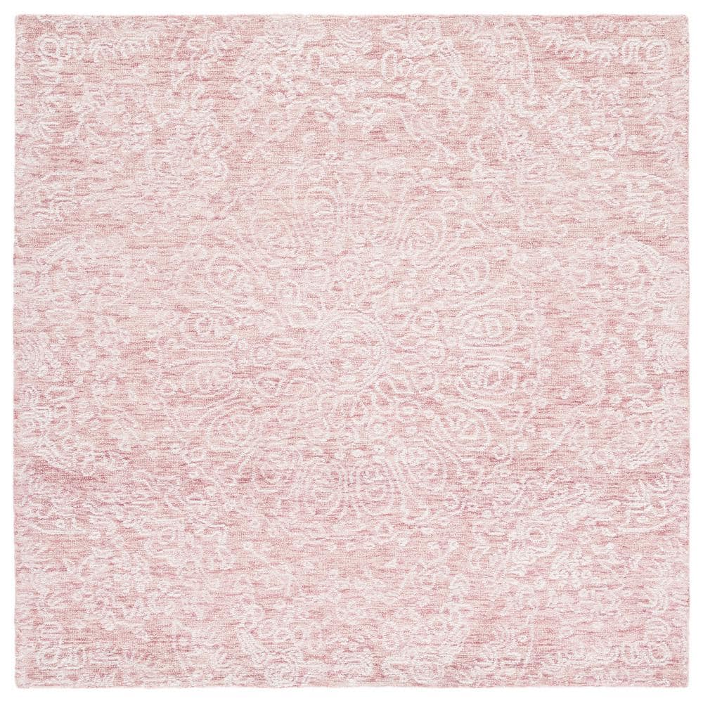 Ivory and Pink Floral Hand-Tufted Wool Square Rug