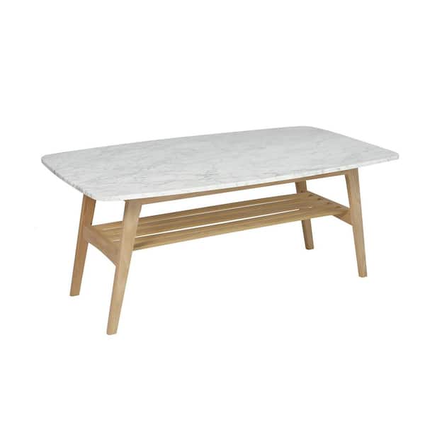 AndMakers Laura 43 in. Oak Rectangle Marble Top Coffee Table with Shelf