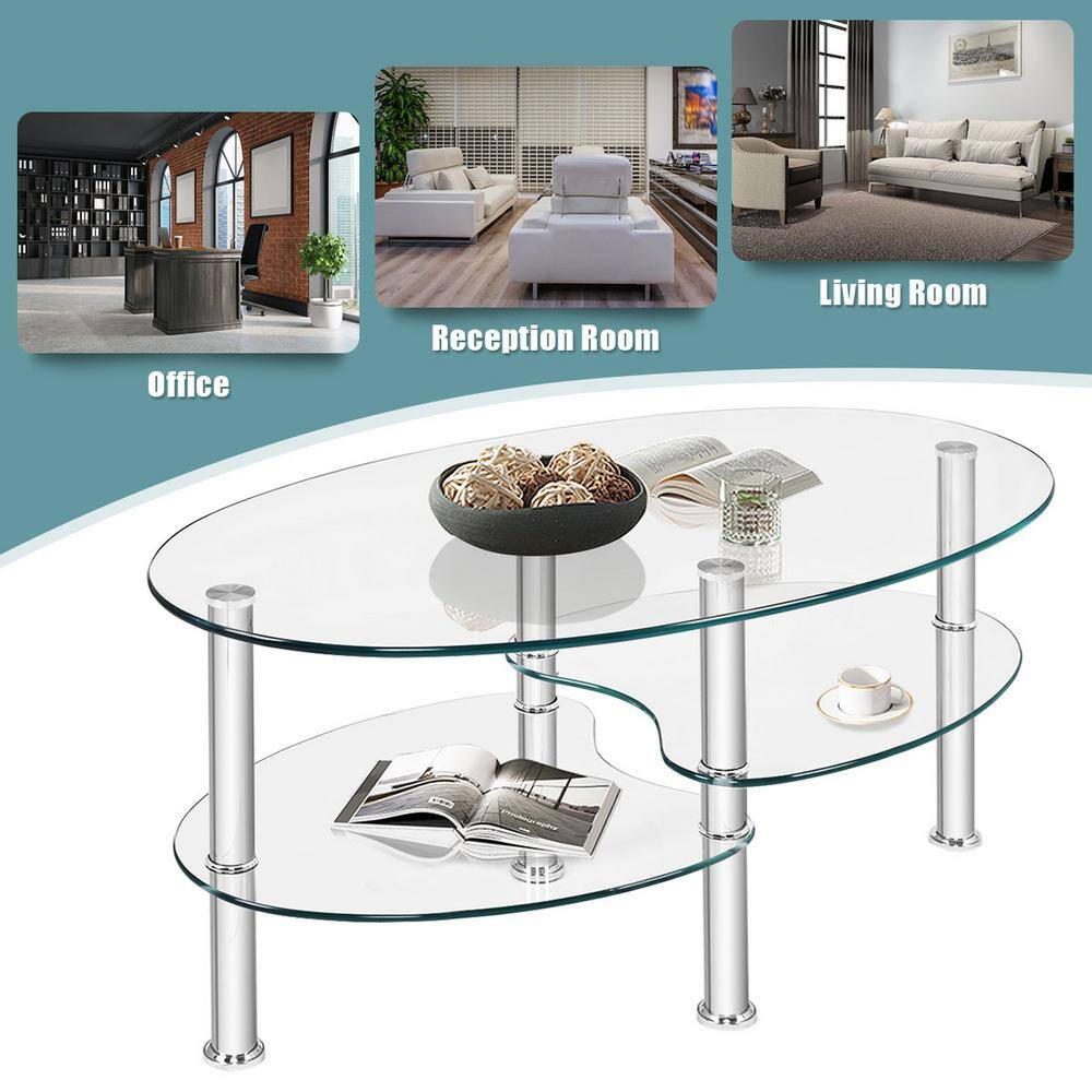 Transparent Oval Tempered Glass Coffee Table with Metal Legs