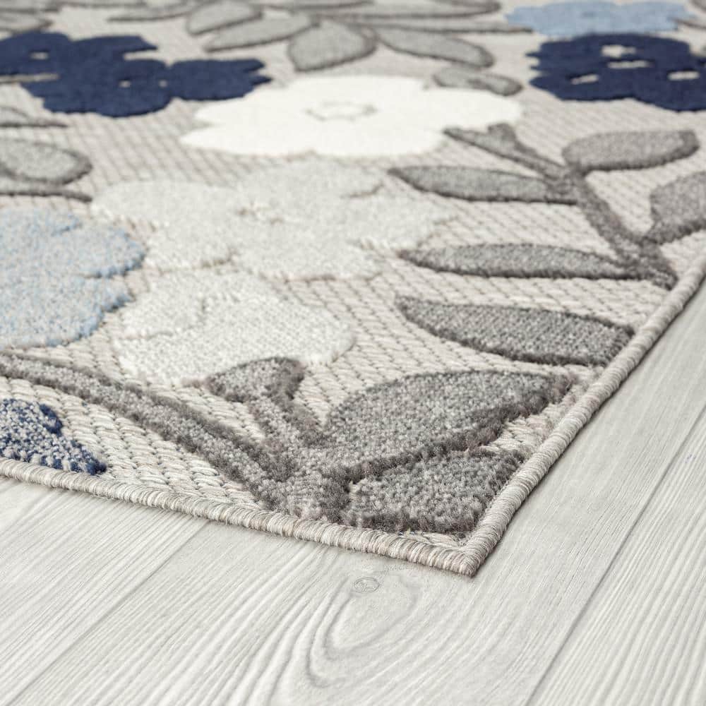Blue and Gray Floral Synthetic 5' x 7' Reversible Rug