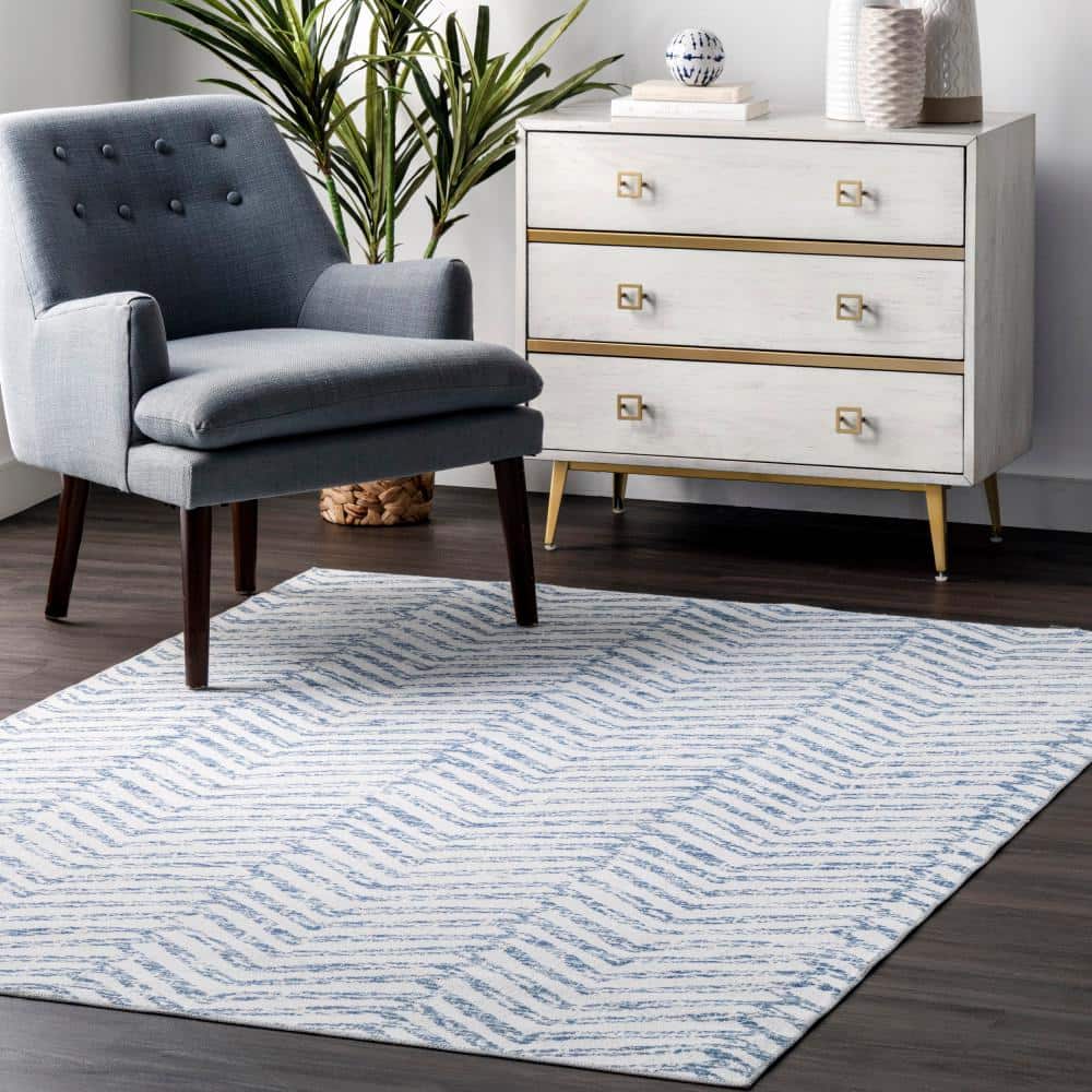 Rosanne Blue and Ivory Geometric Square Washable Synthetic Rug, 8'0" x 8'0"