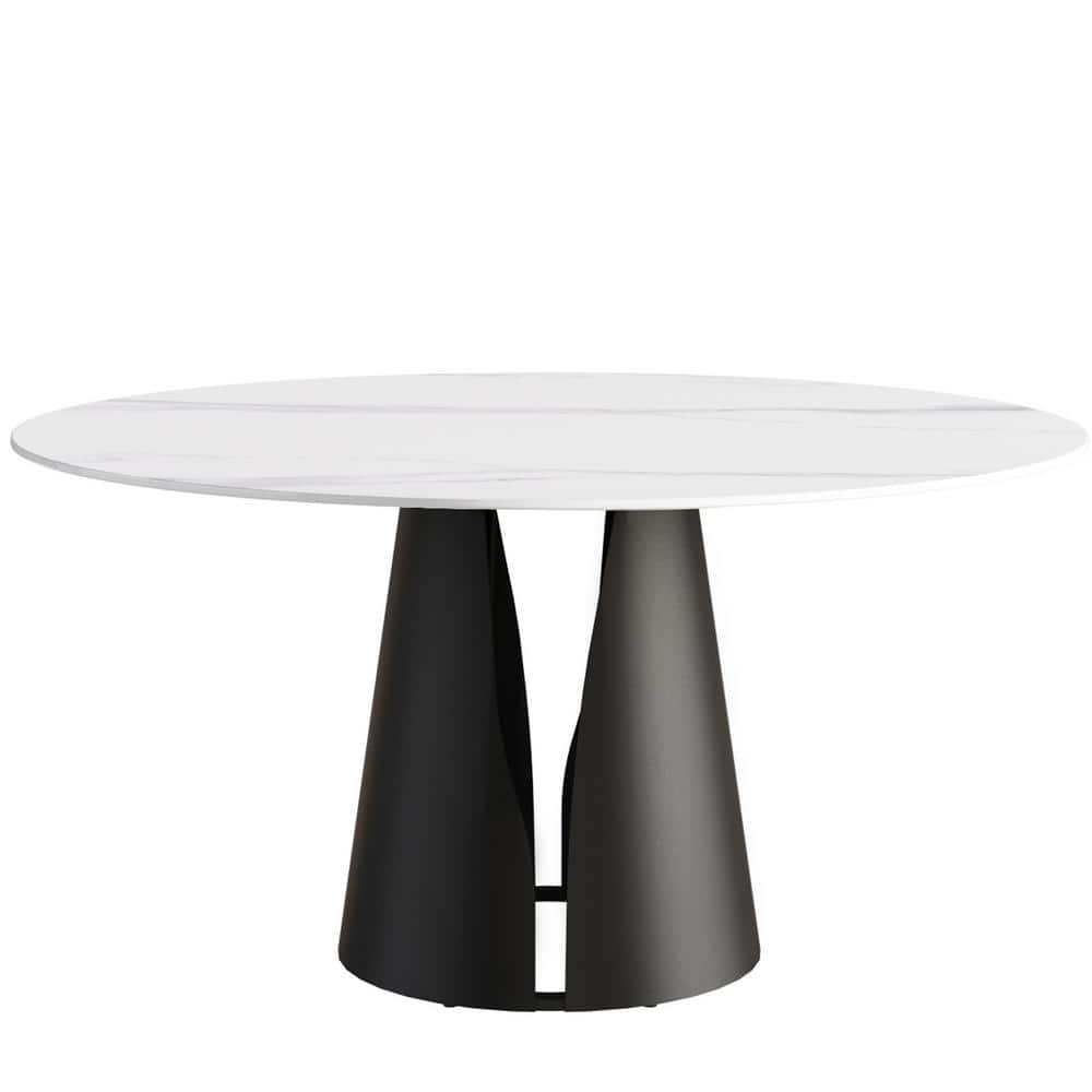 59.05 in. Sintered Stone Round Dining Table with Black Pedestal Legs