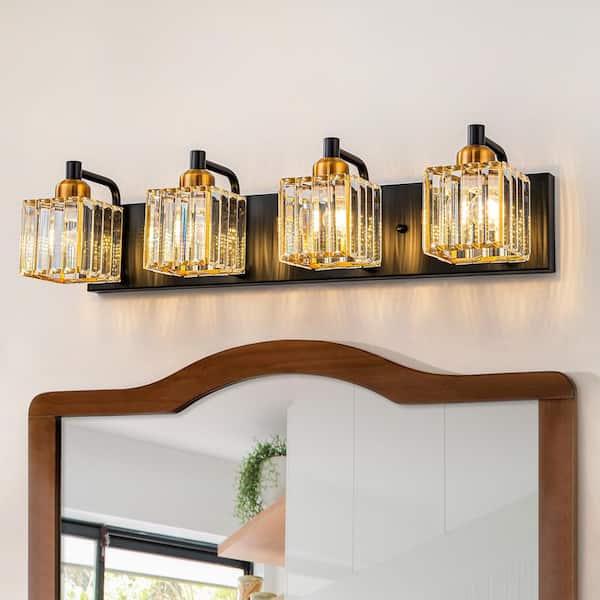 EDISLIVE Orillia 26 in. 4-Light Black Gold Bathroom Vanity Light with Crystal Shades