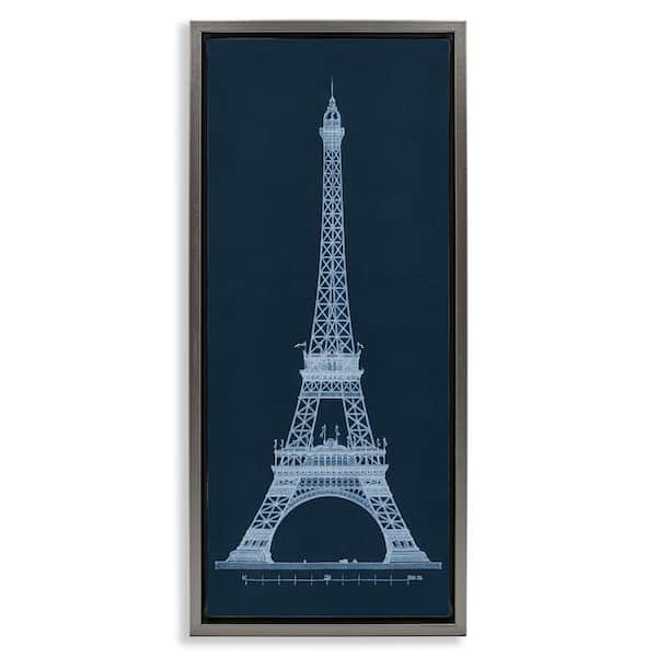 Stupell Industries White Parisian Tower on Blue by Phillipa Katz Gray Floater Frame Architecture Graphic Art Print 14 in. x 31 in.