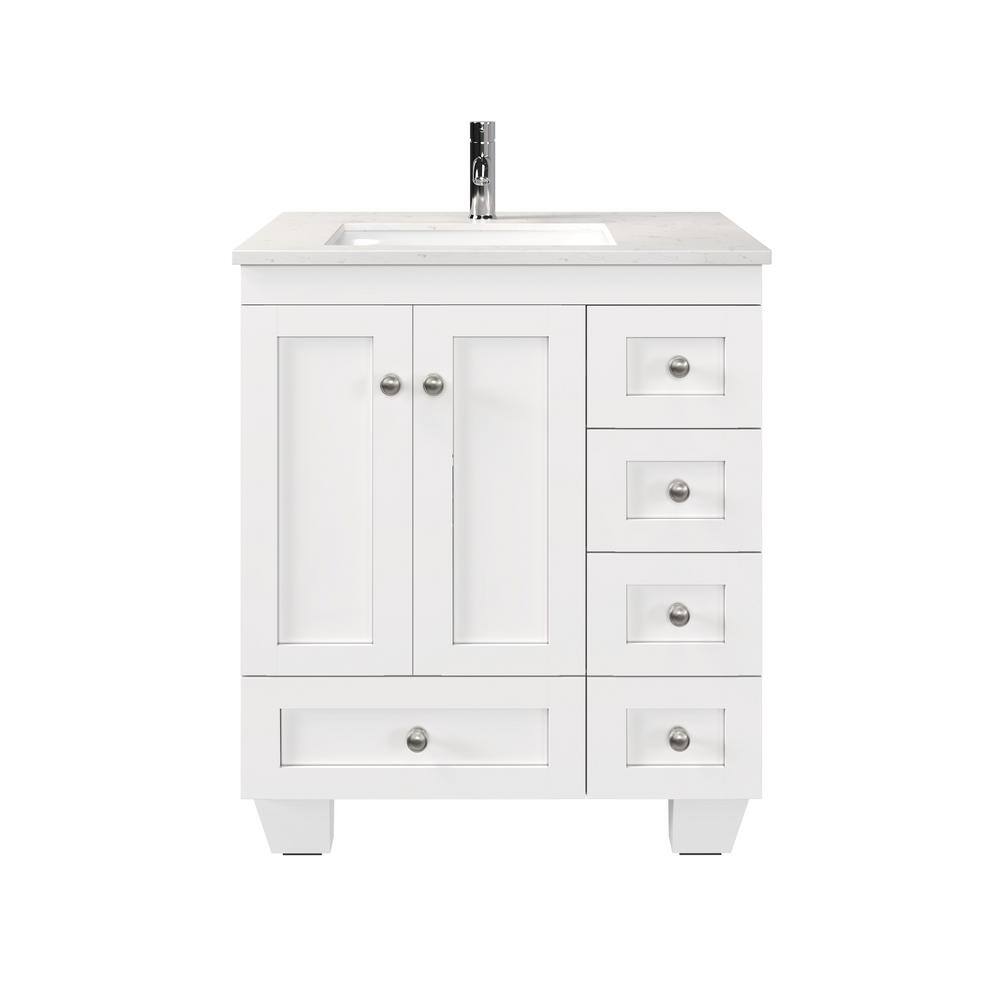 White 28" Solid Wood Bathroom Vanity with Carrara Quartz Top