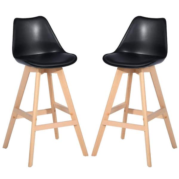Homy Casa Homie 39.4 in. Black Low Back Solid Beech Wood Frame Bar Stool with Faux Leather Seat (Set of 2)