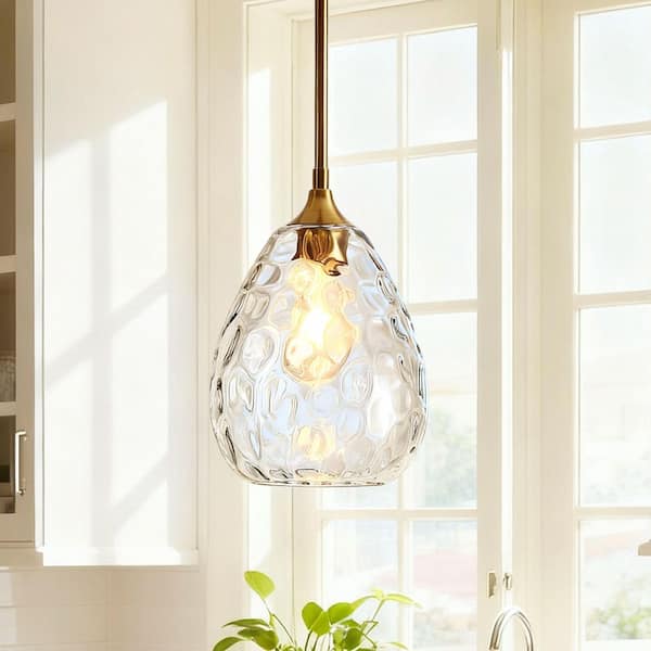 Modern 1-Light Plated Brass Teardrop Pendant Light with Clear Water Glass for Dining Kitchen Island Stem Hanging Lamp
