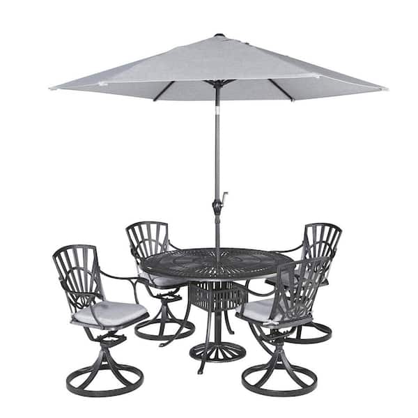 HOMESTYLES Grenada Charcoal Gray 48 in. 5-Piece Cast Aluminum Round Outdoor Dining Set with Umbrella with Gray Cushions
