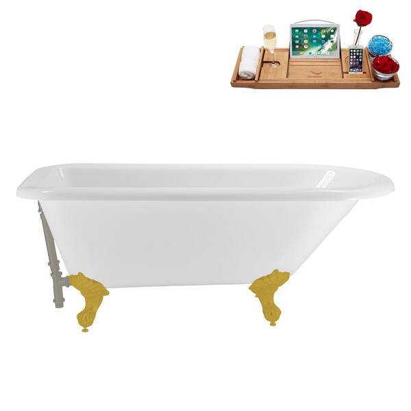 Streamline 62 in. x 29 in. Acrylic Clawfoot Soaking Bathtub in Glossy White with Brushed GunMetal Drain, Brushed Gold Clawfeet