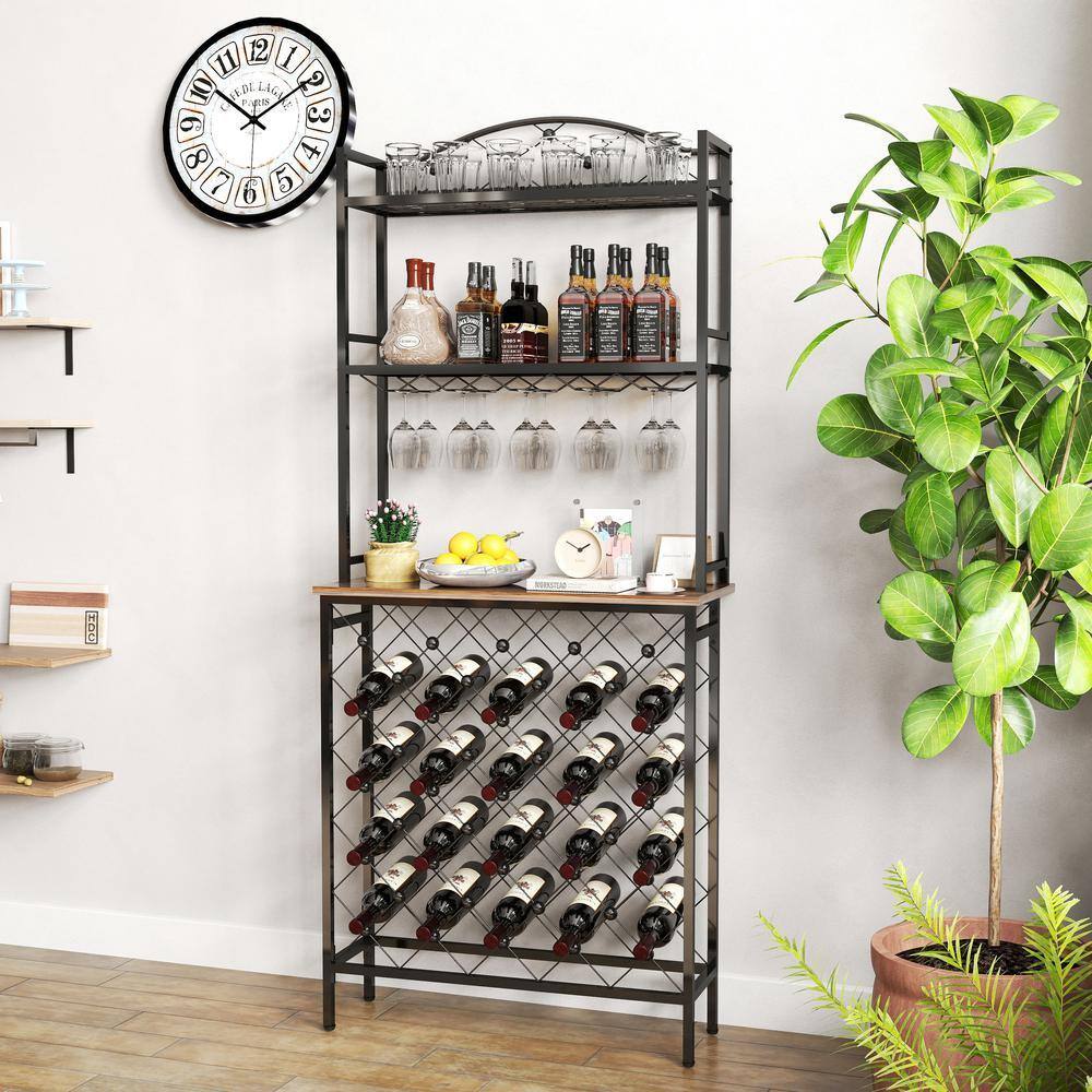 3-Tier Liquor Bottle and Glass Holder with Storage Shelves, Metal and Wood Wine Organizer for Home Kitchen in Black