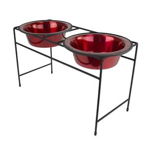 Modern Double Diner Feeder with Stainless Steel Cat/Dog Bowls, Candy Apple Red