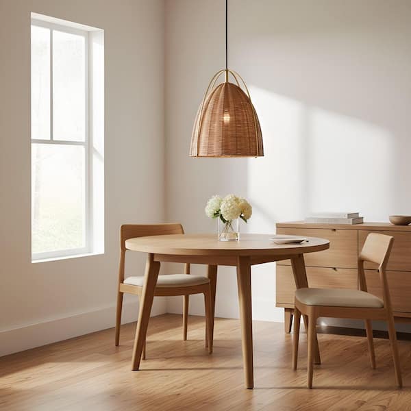 Norman Medium 1-Light Satin Brass Hanging Pendant With Blonde Rattan Shade