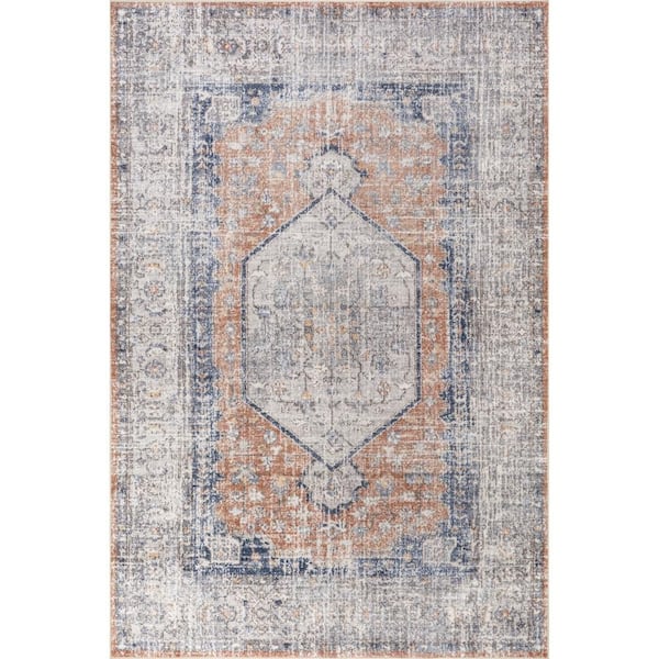 Vintage Medallion Spill Proof Washable Peach 9.6 ft. x 13.6 ft. Indoor Area Rug