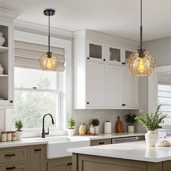 RayHome 1-Light Modern Amber Adjustable Pendant Light with Globe Hammered Glass Shade for Kitchen Island Bedroom