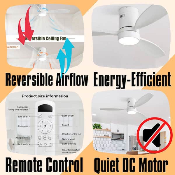 Oakridge Series 52 in. Indoor Matte White Low Profile 3-Blade Solid Wood Ceiling Fan with Remote Included Flush Mount