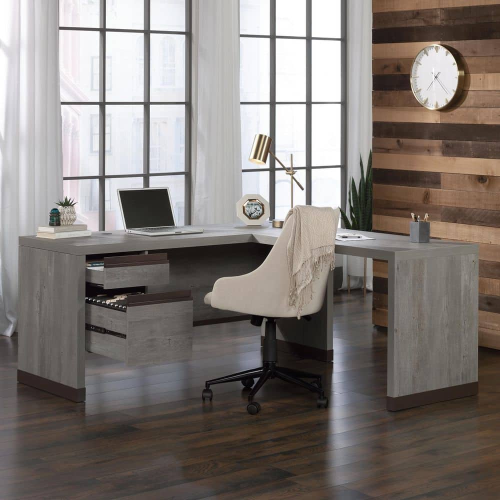 Mystic Oak Gray L-Shaped Computer Desk with Drawer and Filing Cabinet
