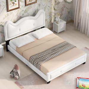 White Full Size PU Leather Upholstered Wood Platform Bed, Kids Bed with Cartoon Ears Shaped Headboard