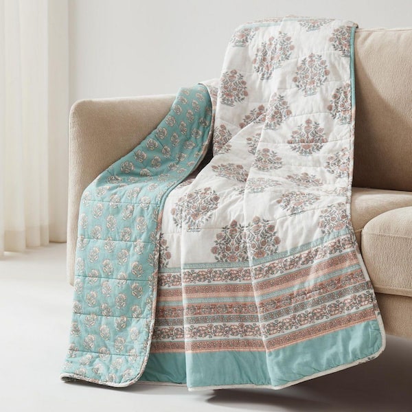 Teal Ruffle Throw Lush Decor Sofia Flower Block Bouquet Reversible Clay/Teal Cotton Throw ...