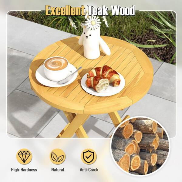 Kadehome 20 in. W Round Folding Teak Side Table Slatted Top End