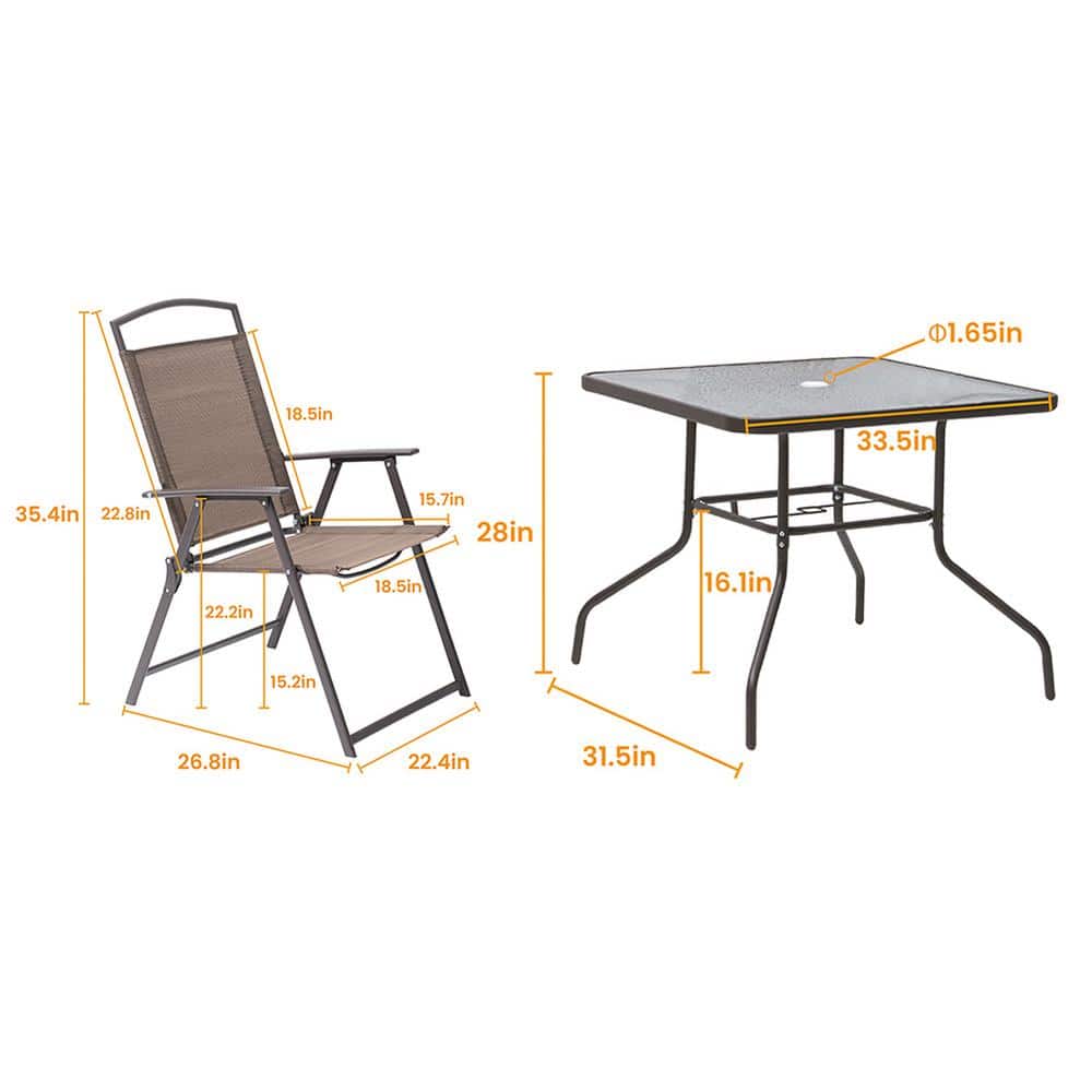 Brown Steel and Glass 5-Piece Patio Dining Set with Umbrella Hole