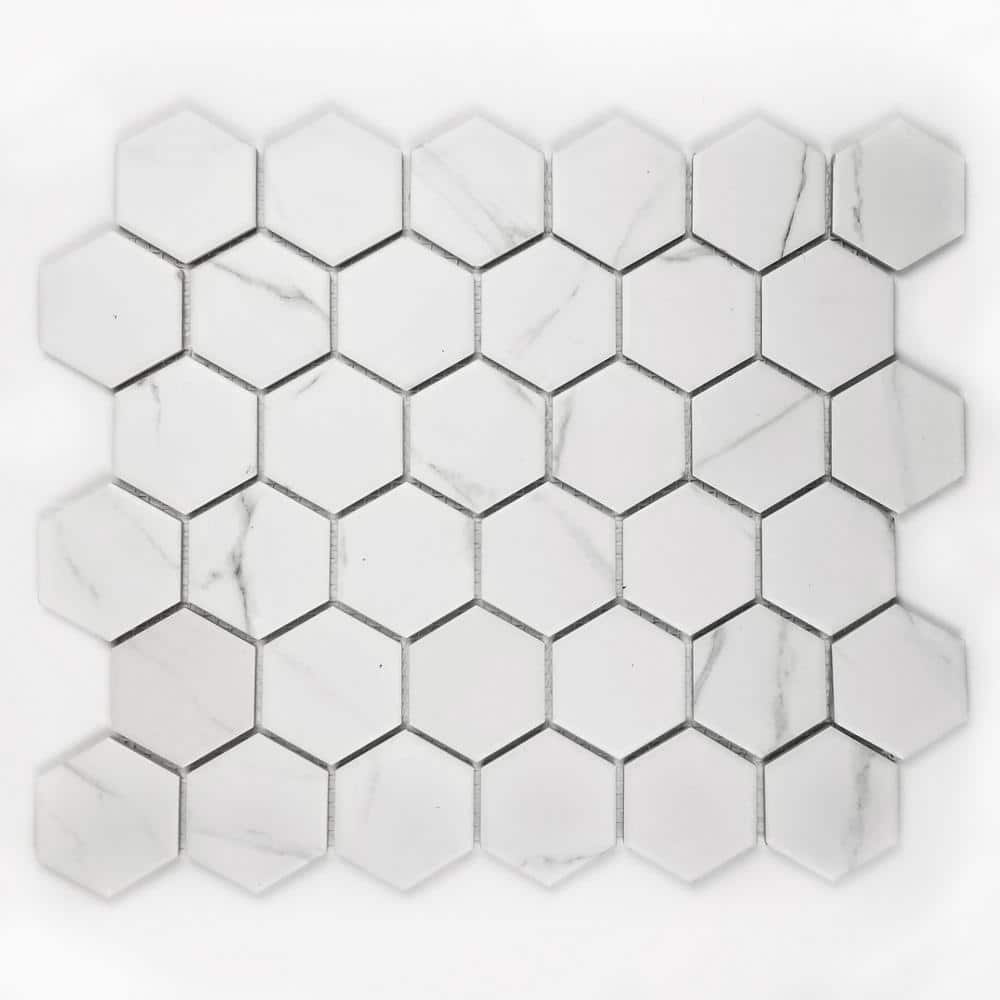 ABOLOS Monet Calacatta White Hexagon Mosaic 11 in. x 13 in. Glazed Porcelain Wall & Pool Tile (10 Sq. Ft./Case), White/Gray -  GHMMNTHEX-CA