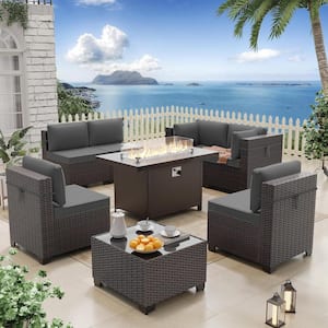 8-Piece Wicker Patio Conversation Set with 55000 BTU Aluminum Gas Fire Pit Table, Glass Coffee Table and Gray Cushions