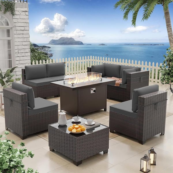 Halmuz 8-Piece Wicker Patio Conversation Set with 55000 BTU Aluminum Gas Fire Pit Table, Glass Coffee Table and Gray Cushions
