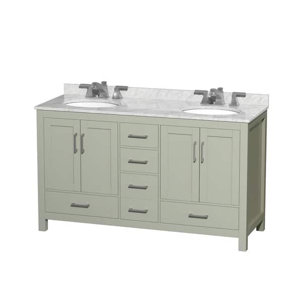 Wyndham Collection Sheffield 60 in. W x 22 in. D x 35 in . H Double Bath Vanity in Light Green with White Carrara Marble Top