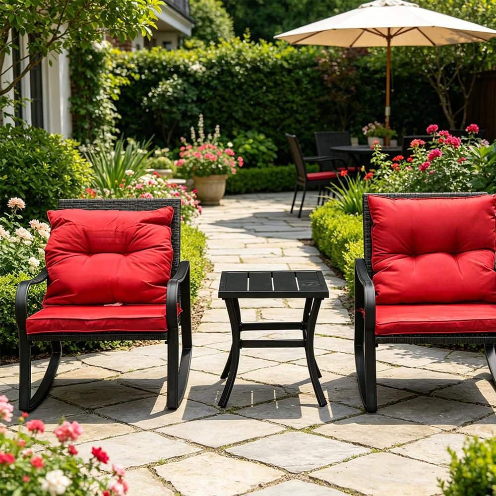3-Pack Black Metal Outdoor Rocking Chair with Red Cushions price history on PriceWatchPro
