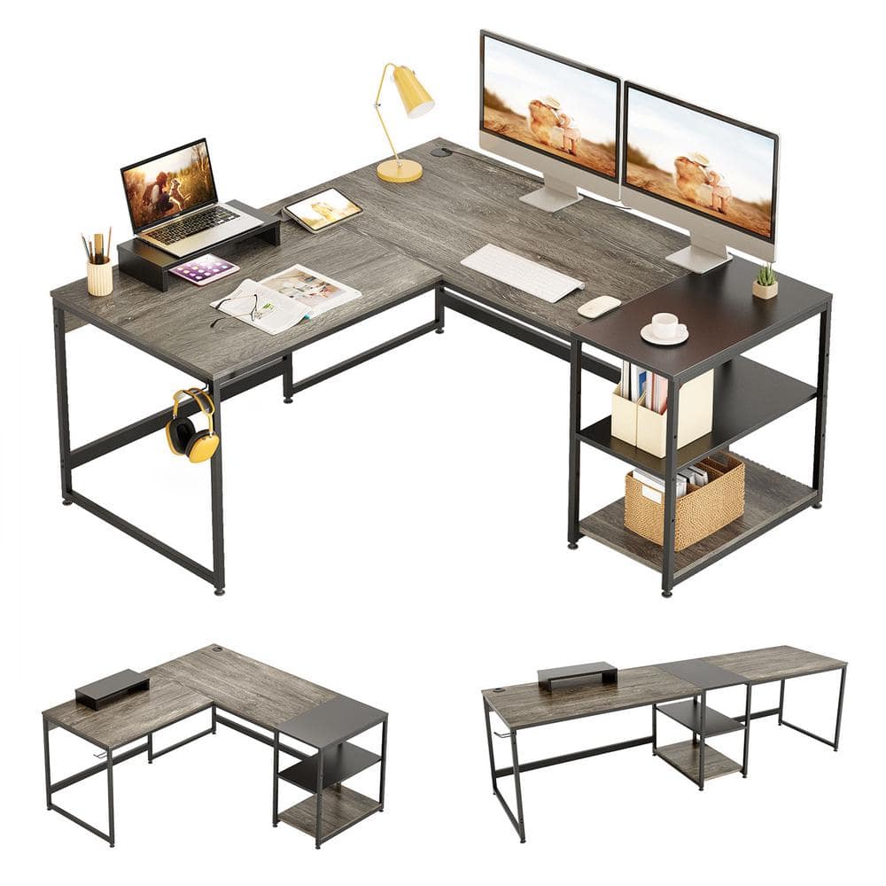 BYBLIGHT Havrvin 57 in. L Shaped Brown Wood Gaming Desk with Led Lights and  Power Outlet, Corner Computer Desk Gaming Table Gamer BB-C0768XF - The Home  Depot