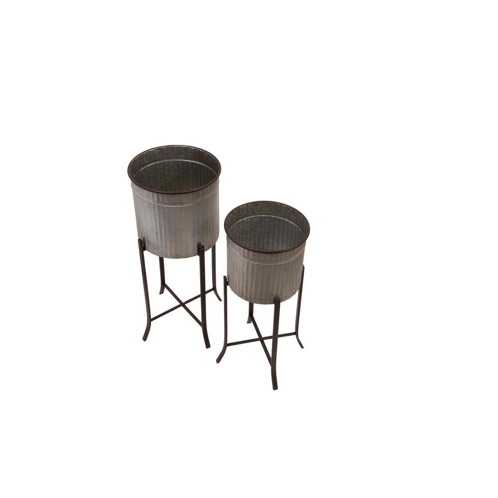 Silver and Black Corrugated Metal Round Planters with Stands, Set of 2