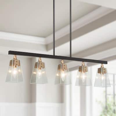 Modern Black Linear Island Chandelier Cali 34 in. 5-Light Black and Gold Dining Room Chandelier with Seeded Glass Shades