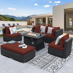 7-Piece Charcoal Wicker Patio Fire Pit Conversation Sectional Deep Seating Sofa Set with Dark Red Cushions
