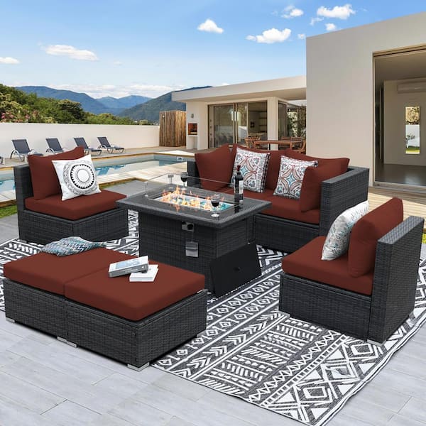 NICESOUL 7-Piece Charcoal Wicker Patio Fire Pit Conversation Sectional ...