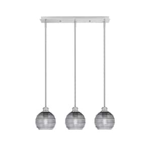 Albany 60-Watt 3-Light Brushed Nickel Linear Pendant Light with Smoke Ribbed Glass Shades and No Bulbs Included
