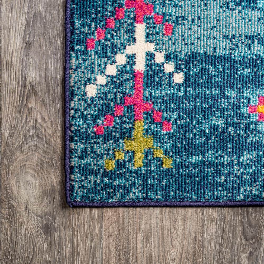 Dark Blue Multi Geometric Synthetic Runner Rug 2'-3" x 8'