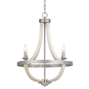 Keowee 21 in. 4-Light Galvanized Farmhouse Cage Chandelier with Coastal Antique White Wood Accents