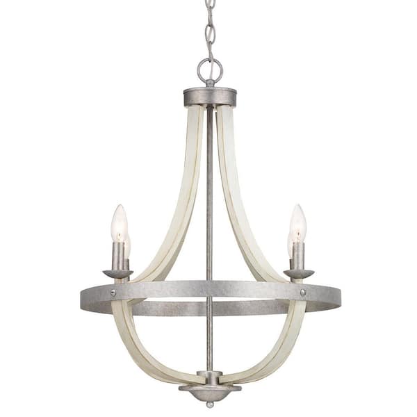 Home Decorators Collection Keowee 21 in. 4-Light Silver Coastal Farmhouse Cage Chandelier Light with Coastal White Wood Accents for Kitchens