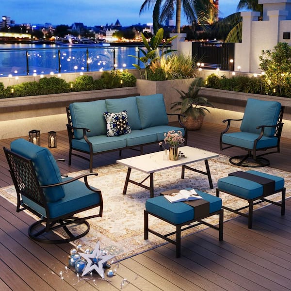 Black Meshed 7-Seat 6-Piece Metal Outdoor Patio Conversation Set with Denim Blue Cushions, Table with Marble Pattern Top