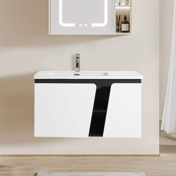 35.6 in. Wall-Mounted White+Black Bath Vanity with White Ceramic Sink Top Unassembled