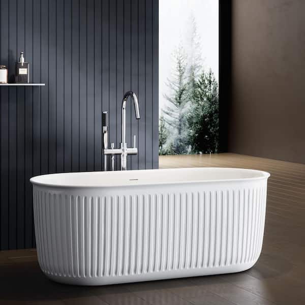 59 in. x 28.3 in. Fluted Freestanding Acrylic Soaking Bathtub in White/Polished Chrome with Pleated Edge