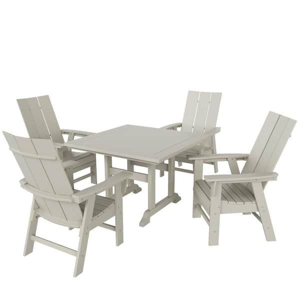 WESTIN OUTDOOR Shoreside Outdoor Patio Weather Resistant Adirondack Sand 5-Piece HDPE Plastic Square Table Dining Set